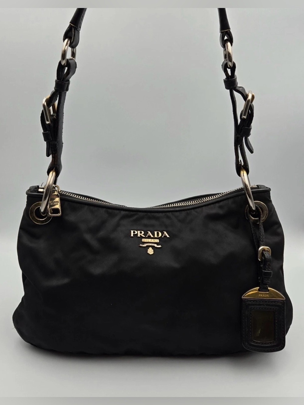Prada Black Shoulder Bag with Gold Hardware and ID Tag-AS IS